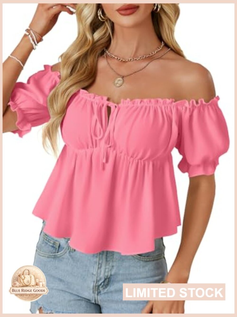 Off Shoulder Ruffle Trim Puff Sleeve Tie Front Peplum Blouse Babydoll Top - Picture 2 of 6